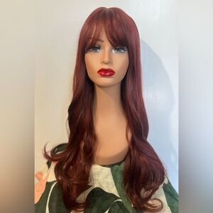 WIG Burgundy Long Wavy  Human hair Blend With Synthetic Fiber